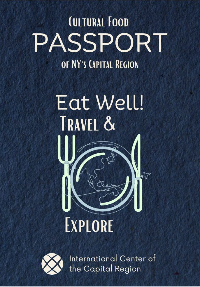 Navy poster for Cultural Food Passport with plate and utensils, reading “Eat Well! Travel & Explore.”