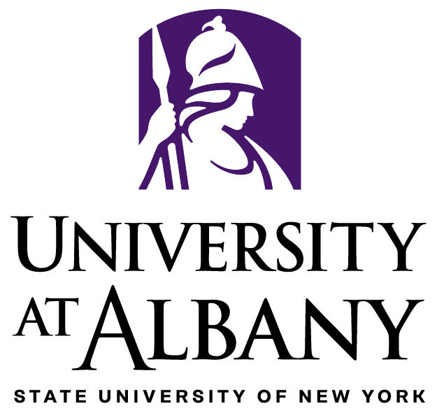 University at Albany logo with purple statue icon and black text, State University of New York