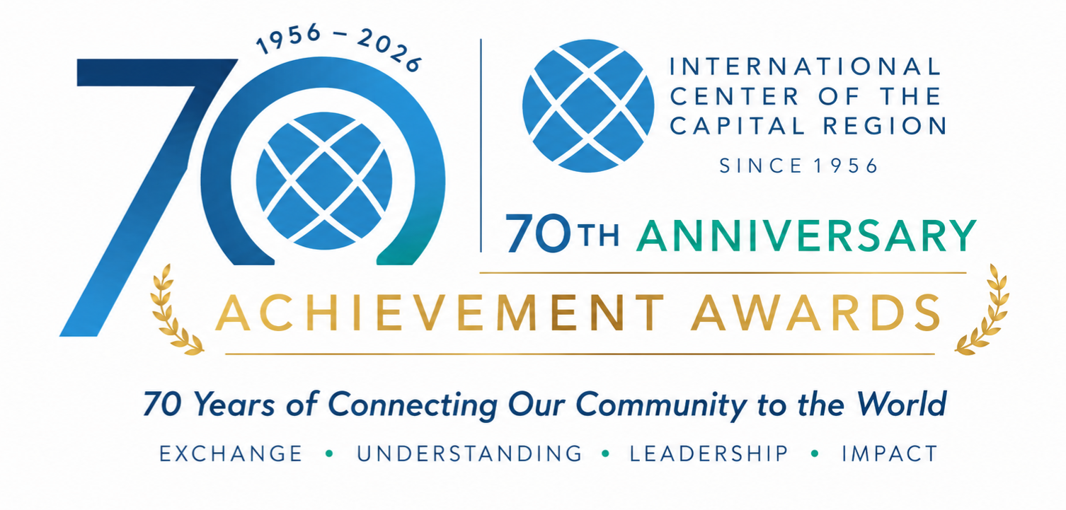 70th Anniversary Achievement Awards logo with blue-and-gold globe design and International Center of the Capital Region text