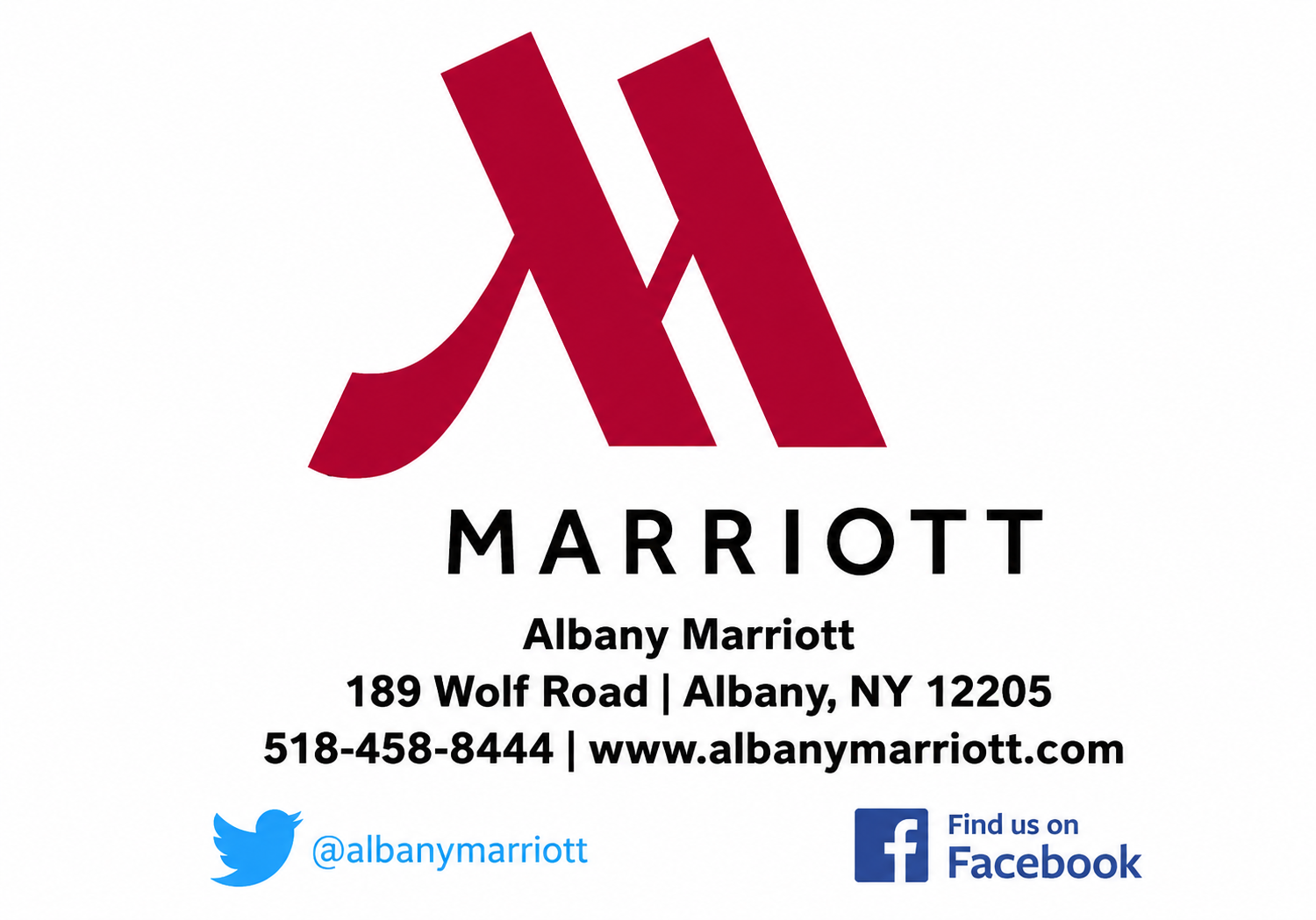 Marriott Albany, NY contact card with red logo, address, phone, website, Twitter and Facebook icons
