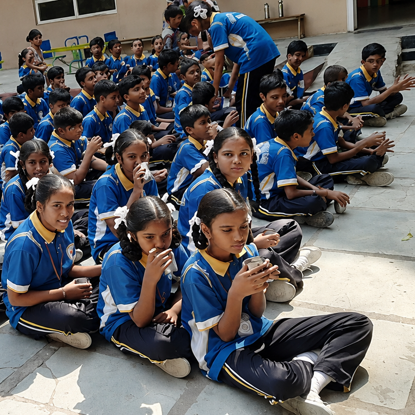 Students in blue uniforms seated outdoors during a school activity, some holding cups.