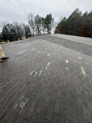 Snow-dusted gray shingle roof with trees and overcast sky in the background