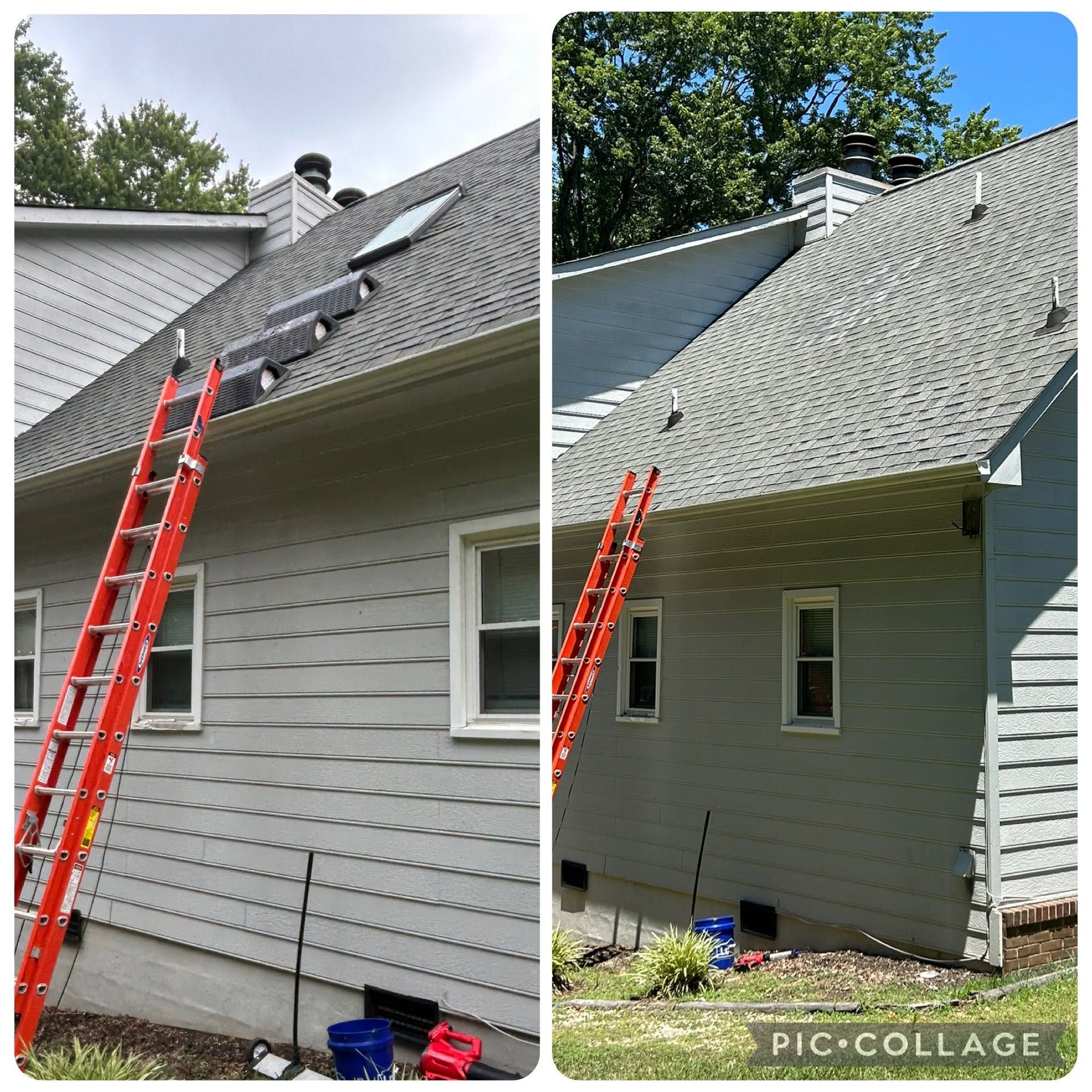 Two views of a gray house roof with red extension ladders leaning up the slope.