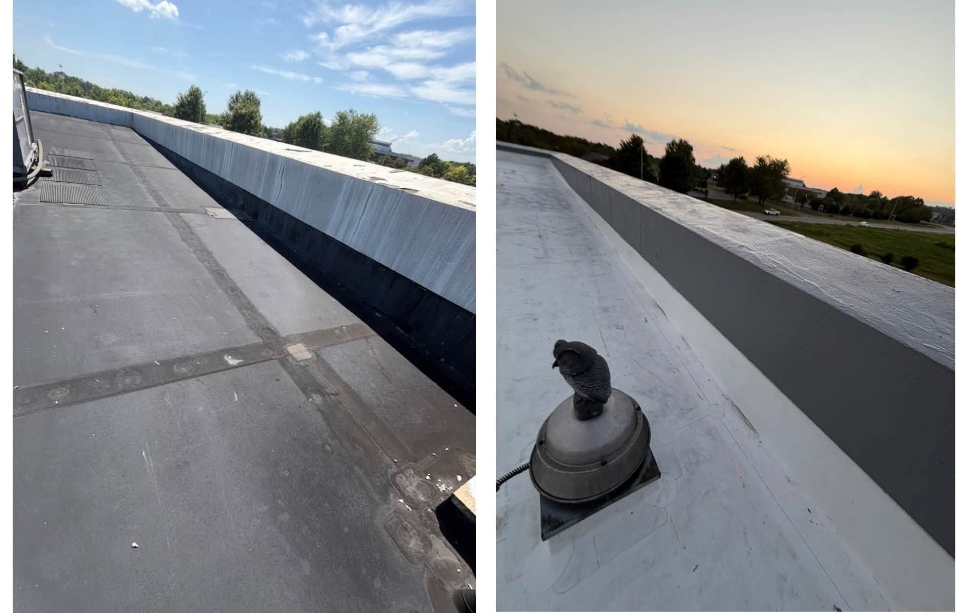 Rooftop with white surface and dark edging under blue sky at sunset, shown in two views.