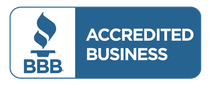 BBB Accredited Business logo in blue and white with torch icon and text