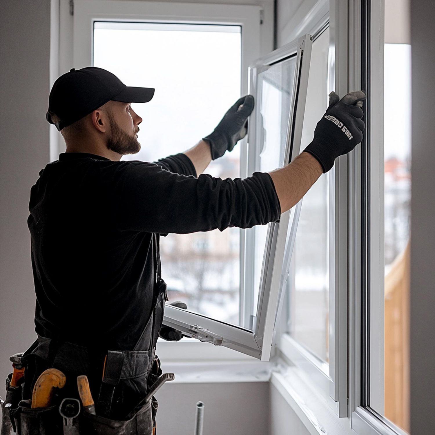 Man in work clothes installing a white window.