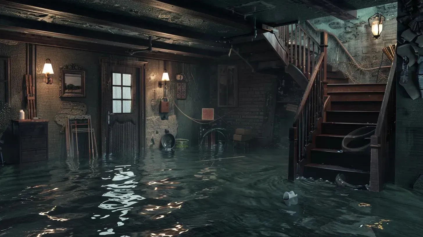 Flooded, aged basement with staircase, doorway, and wall sconces; water reflects dim lighting.