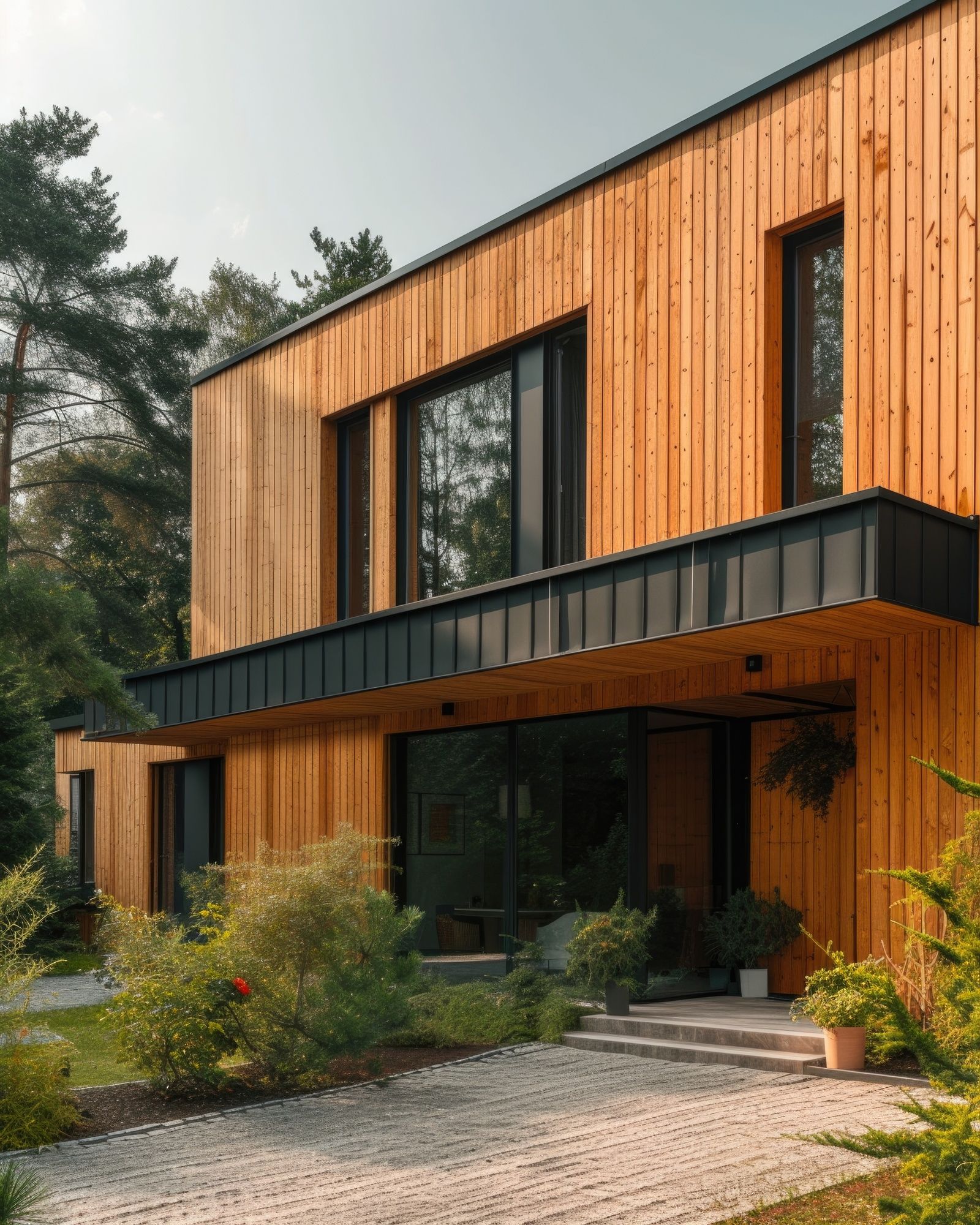 Modern two-story house with wood siding, large windows, and black trim. Gravel pathway and greenery in the foreground.