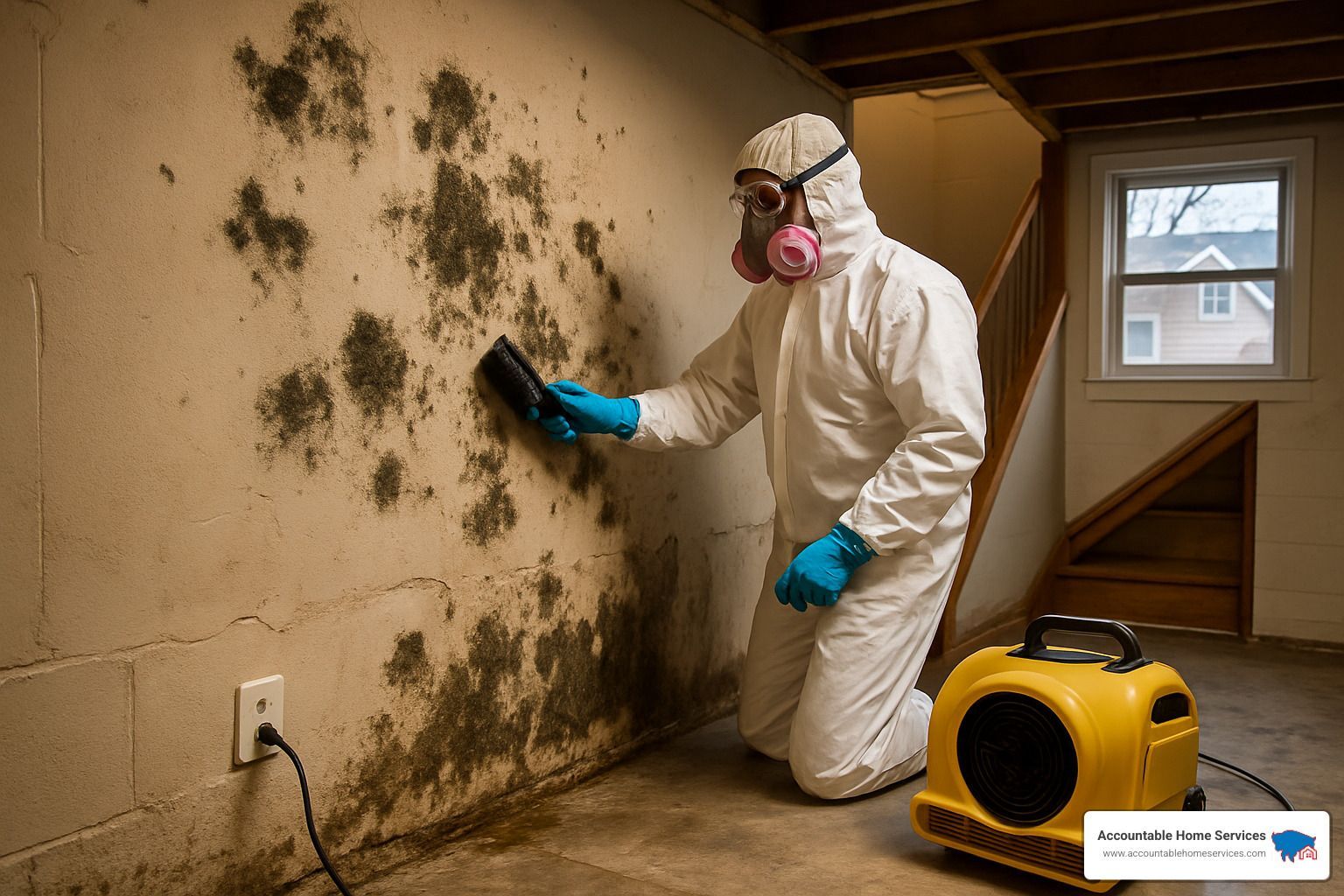 Person in protective suit cleaning mold from a basement wall with a blower running.