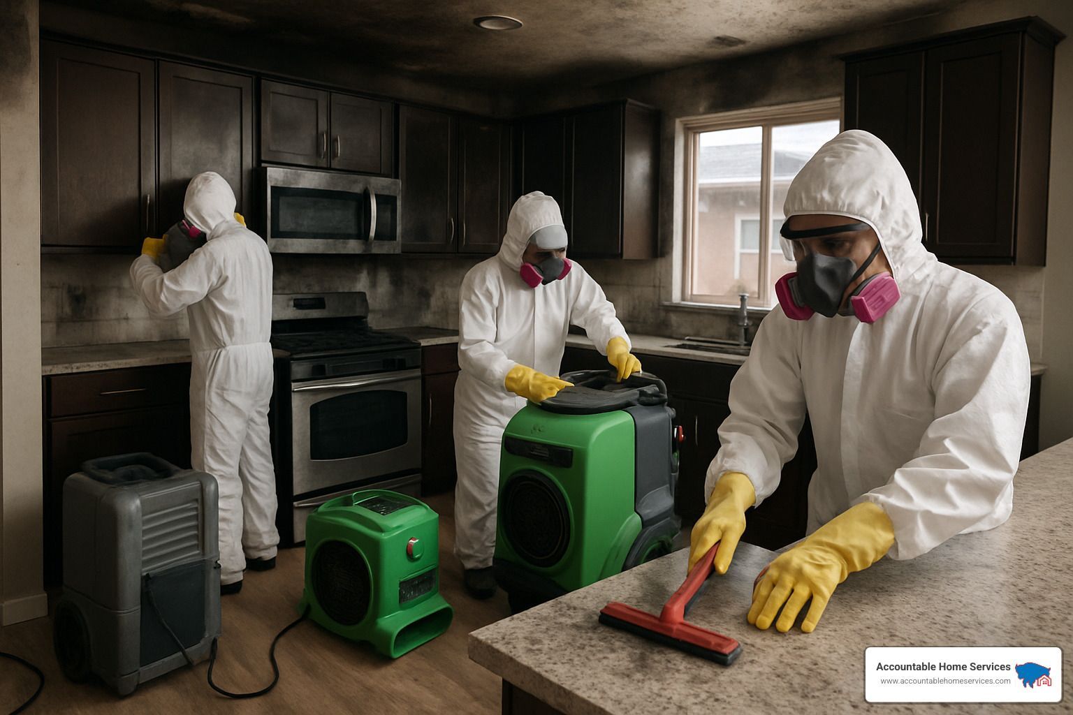 Three people in hazmat suits cleaning a smoke-damaged kitchen with equipment.