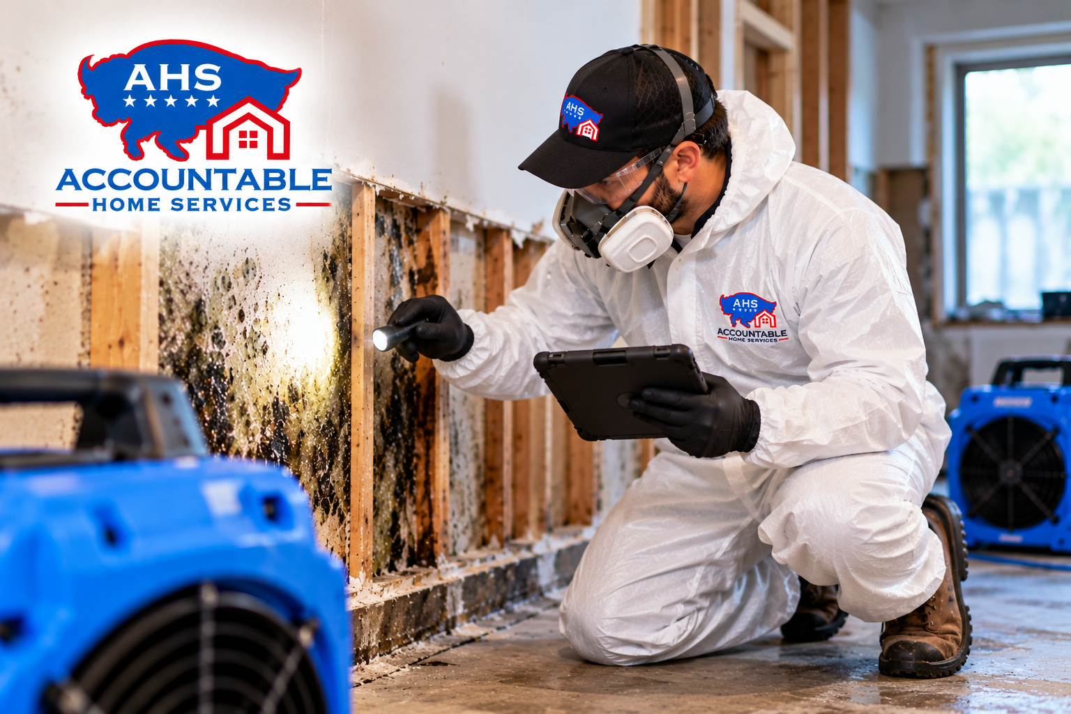 AHS mold remediation technician inspecting mold damage in a Westminster, Colorado home