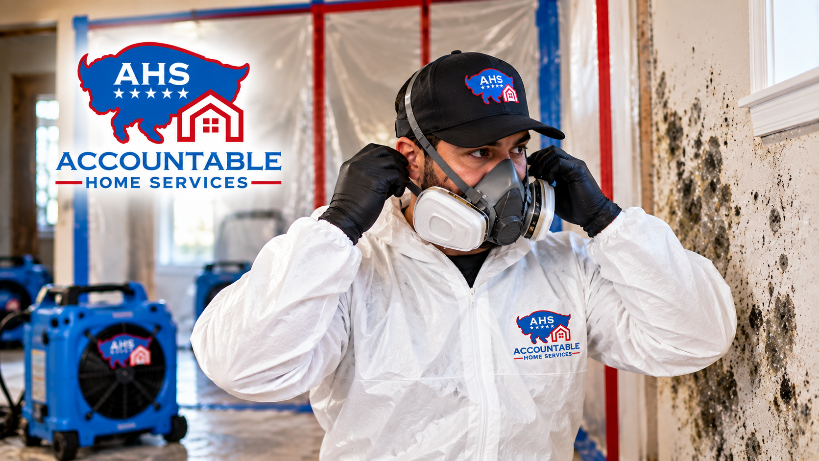 AHS technician wearing proper respiratory protection during mold remediation in a Louisville, Colora