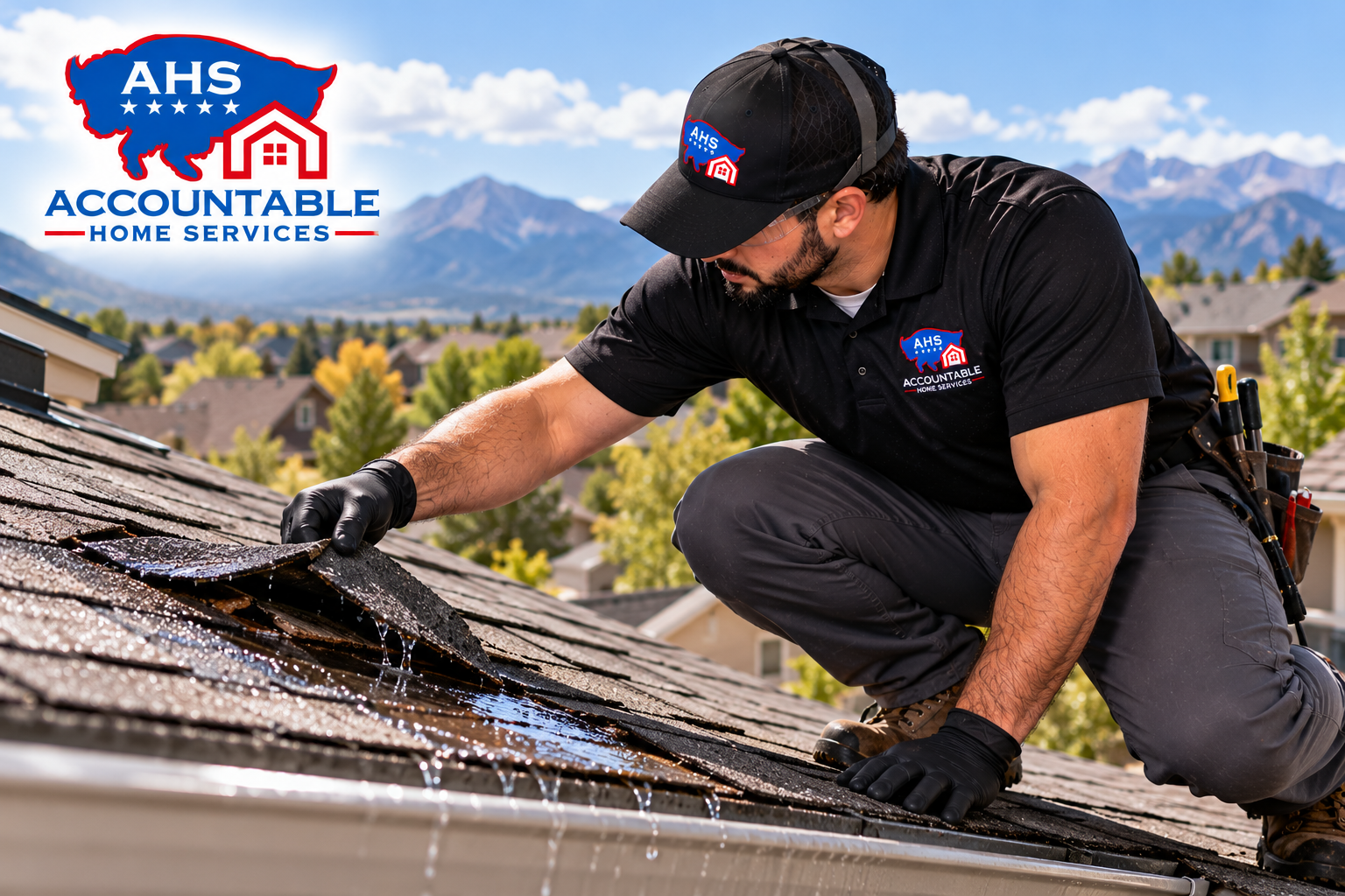 AHS technician inspecting interior water damage caused by a leaking roof in a Thornton, Colorado 