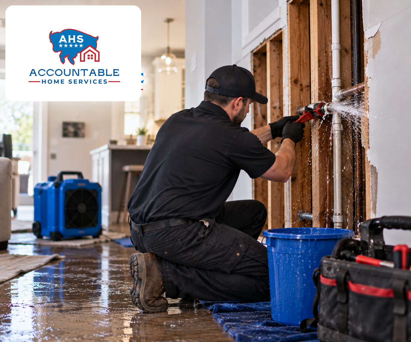 AHS technician inspecting water damage caused by a burst pipe in a Westminster, Colorado home