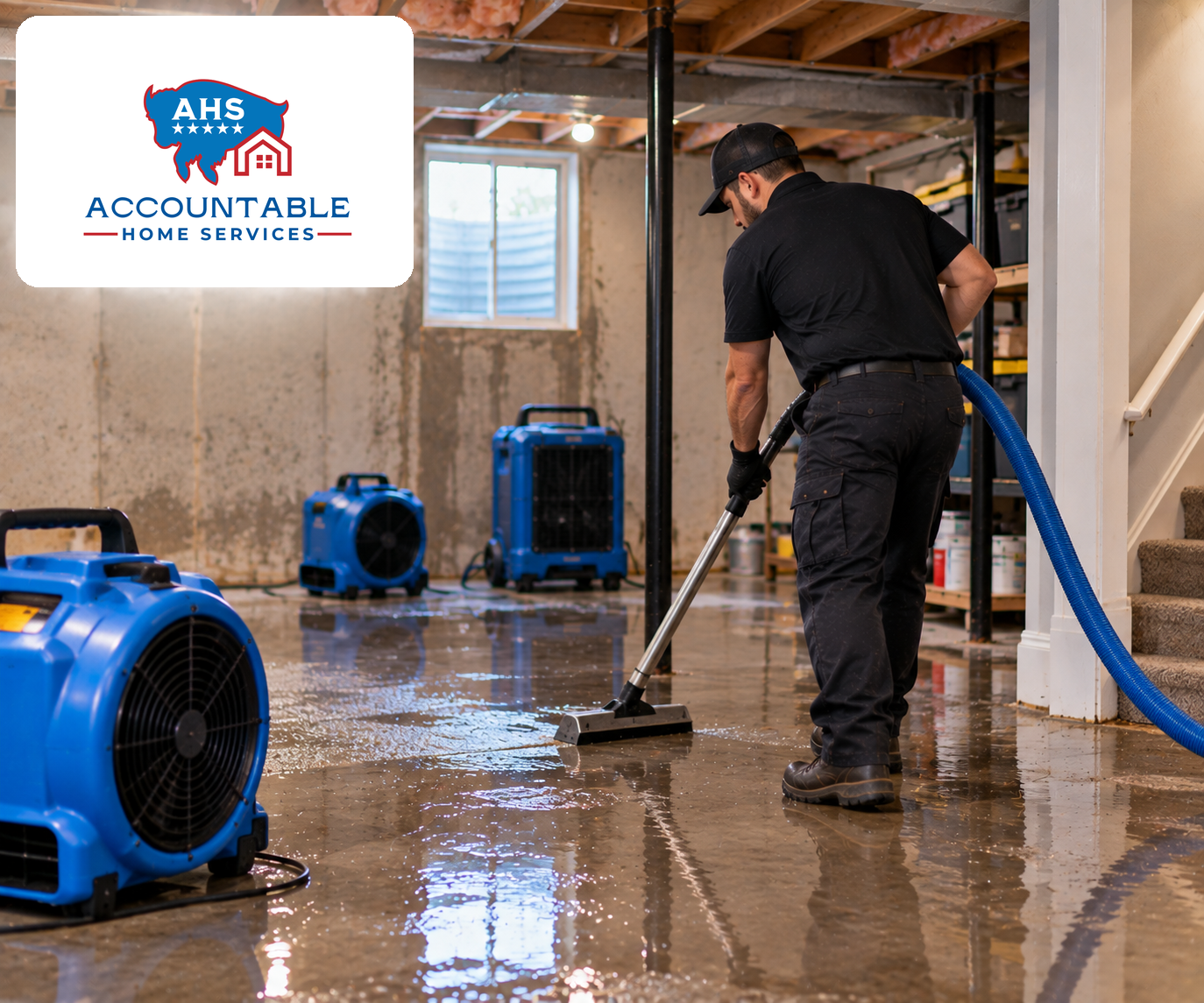 AHS technician inspecting and drying basement water damage in a Superior, Colorado home