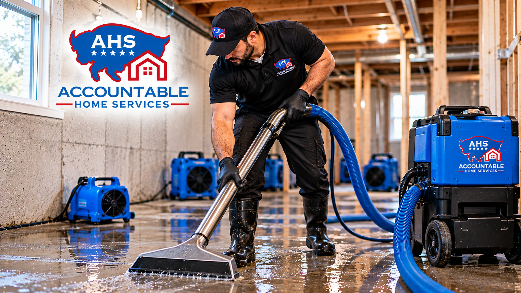 AHS technician performing professional water extraction in a Broomfield, Colorado home