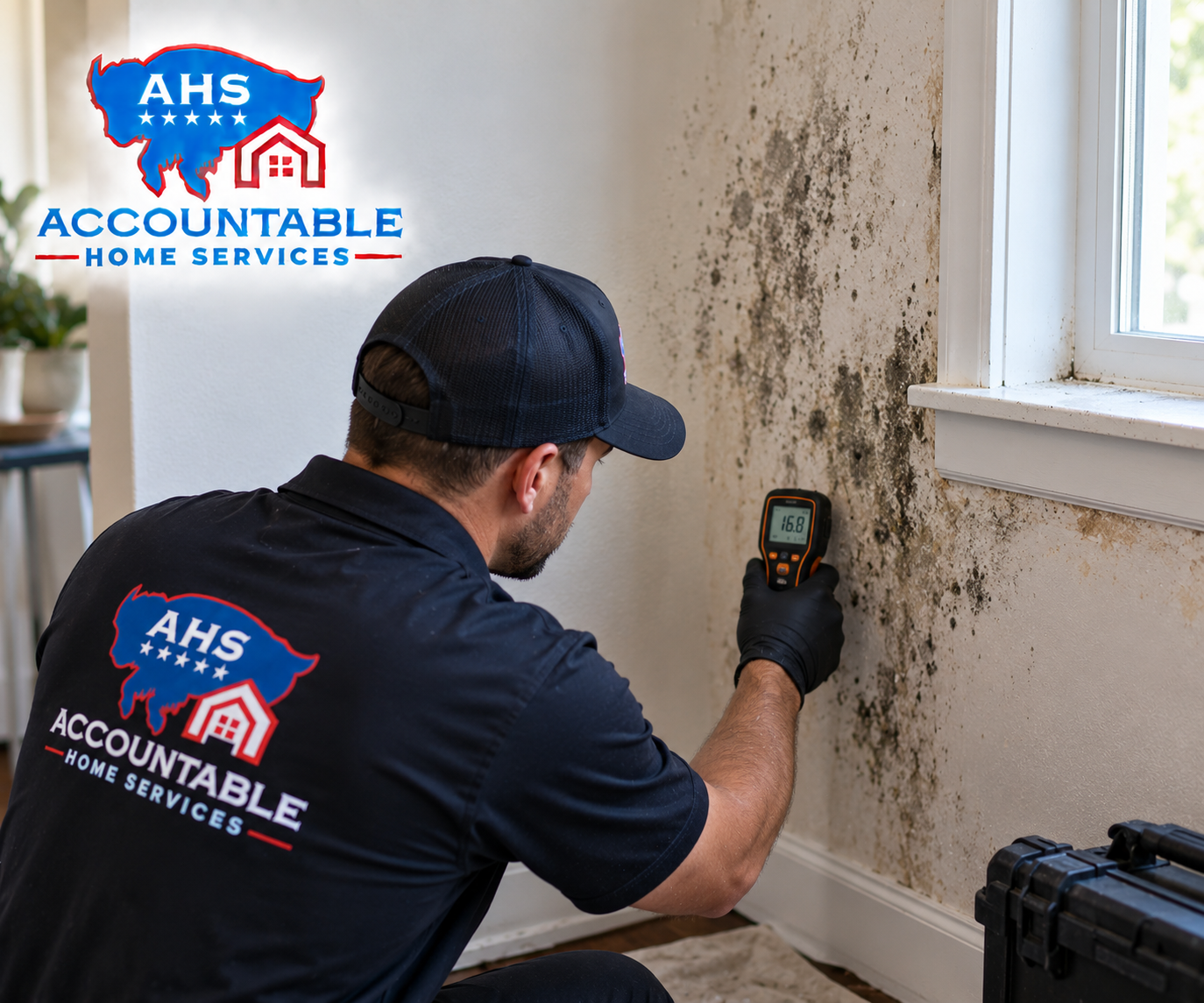 AHS technician inspecting possible black mold in a Louisville, Colorado home