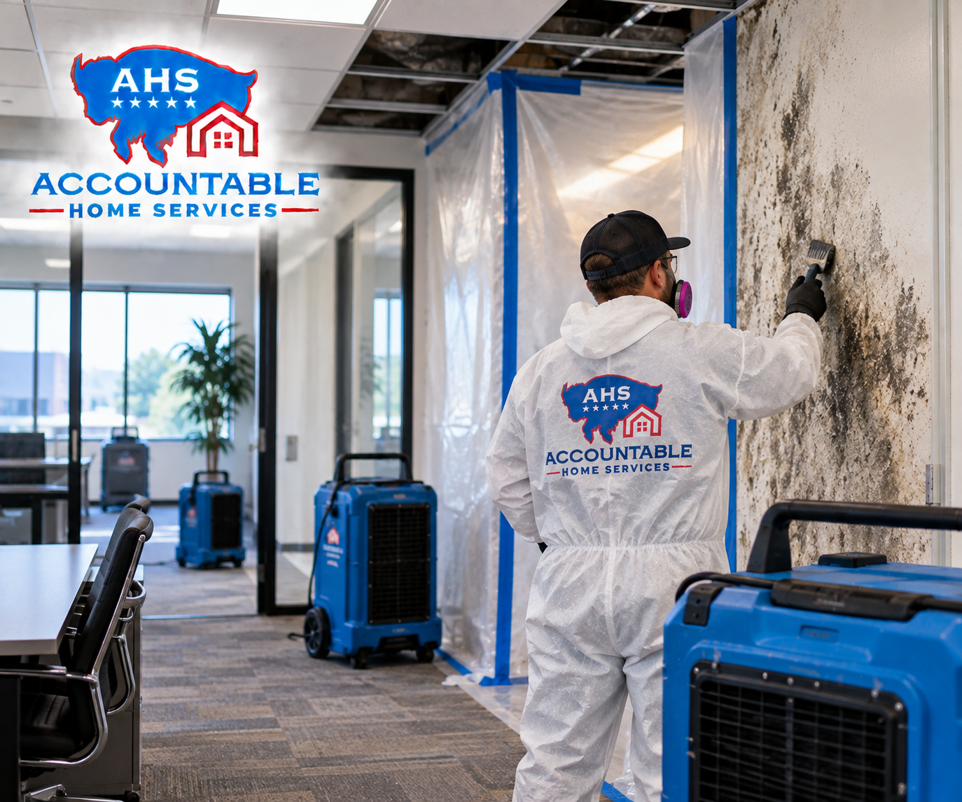 AHS technician performing commercial mold remediation in a Denver, Colorado property