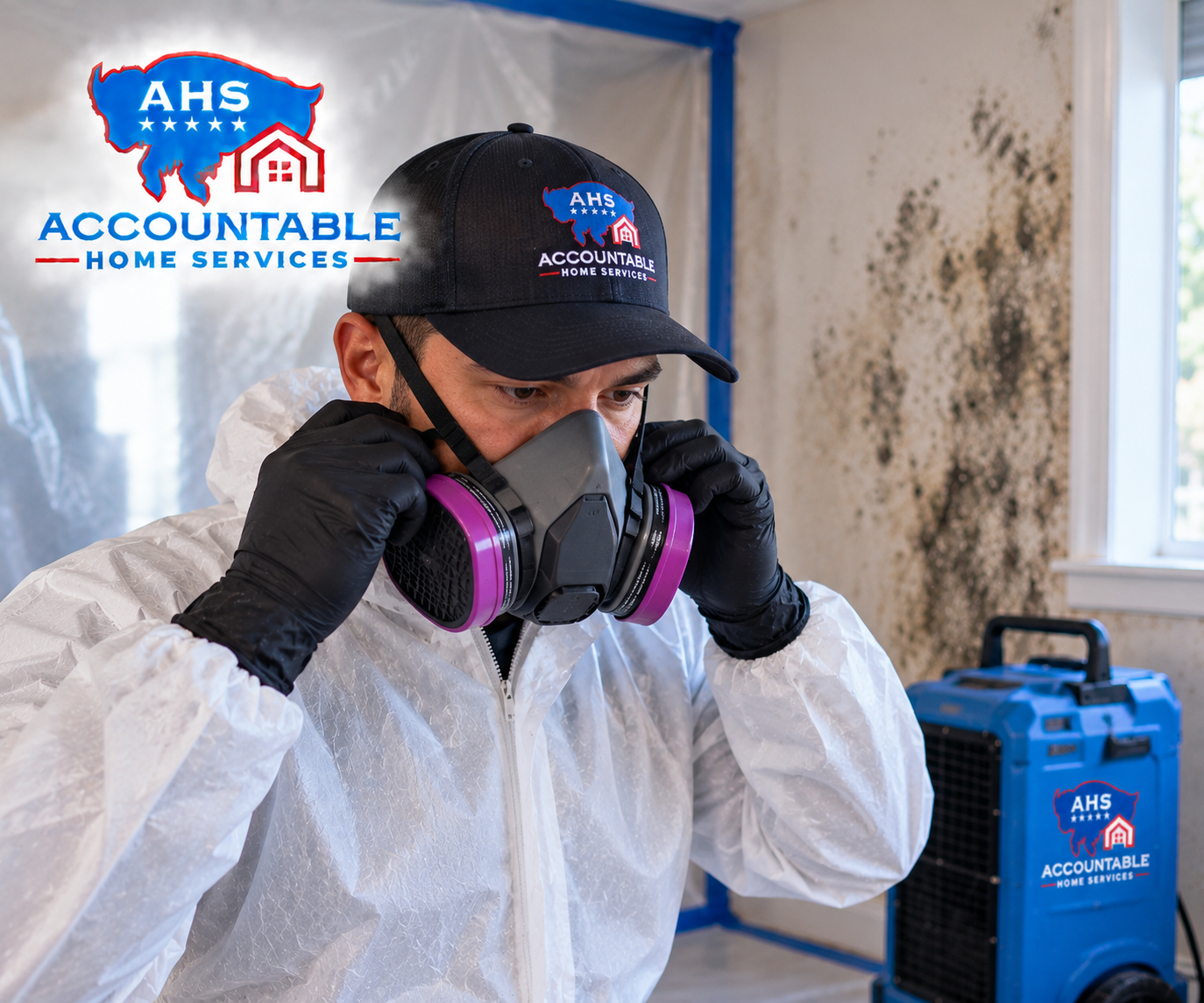 AHS technician wearing a respirator during mold remediation in a Westminster, Colorado home