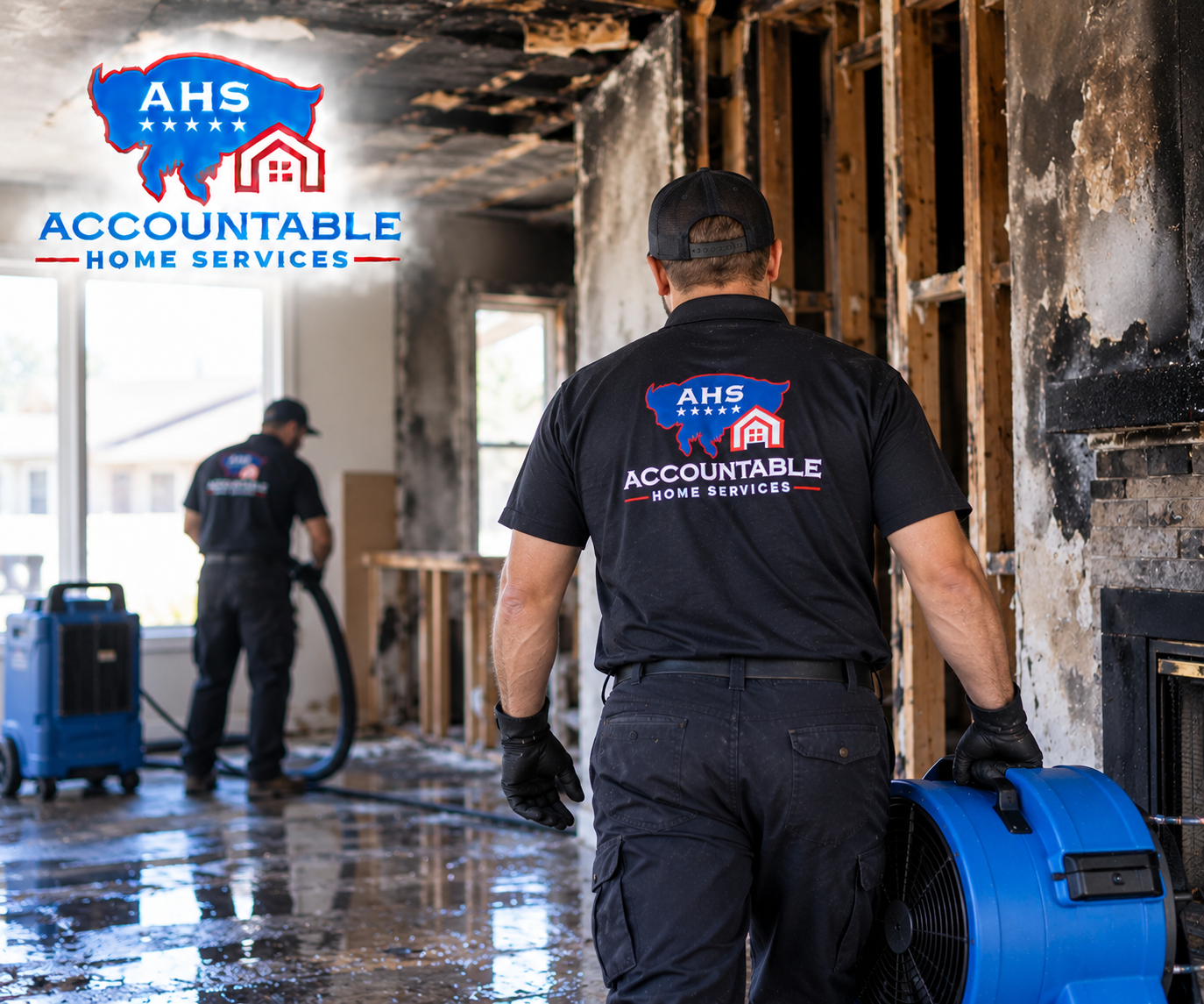 AHS technician performing fire and smoke damage restoration in a Boulder, Colorado home