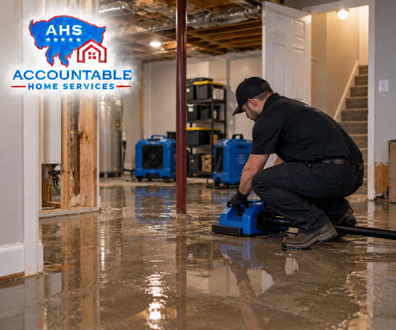 AHS technician documenting flood water damage in an Arvada, Colorado home