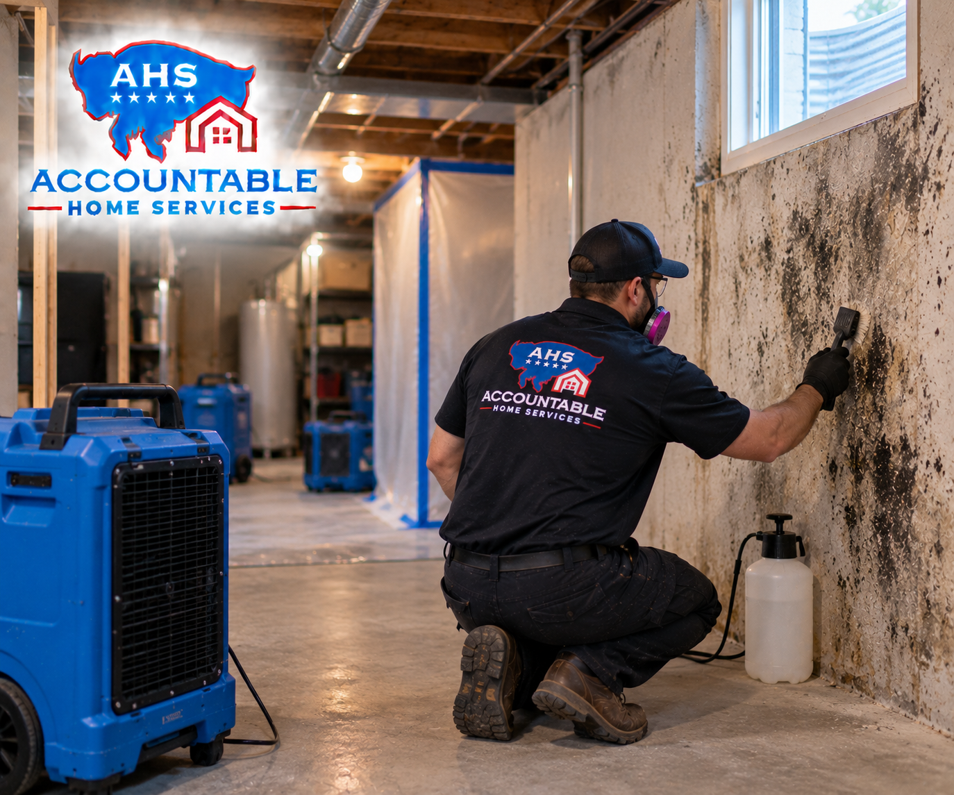 AHS technician performing basement mold remediation in a Broomfield, Colorado home