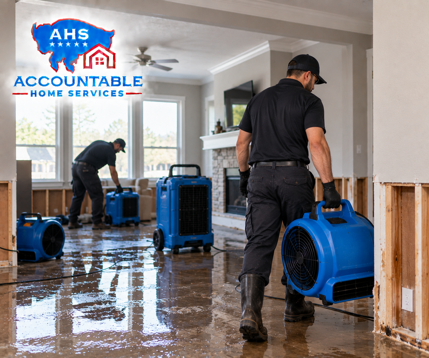 AHS technician performing water damage restoration in a Northglenn, Colorado home