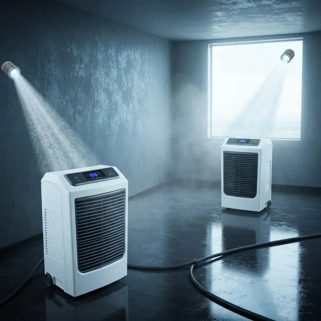 Dehumidification machine is sitting in a room next to a window.