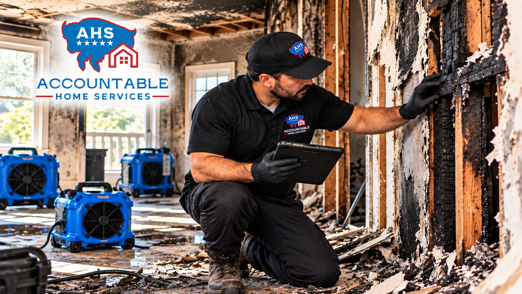 AHS technician performing fire and smoke damage restoration in a Westminster, Colorado home
