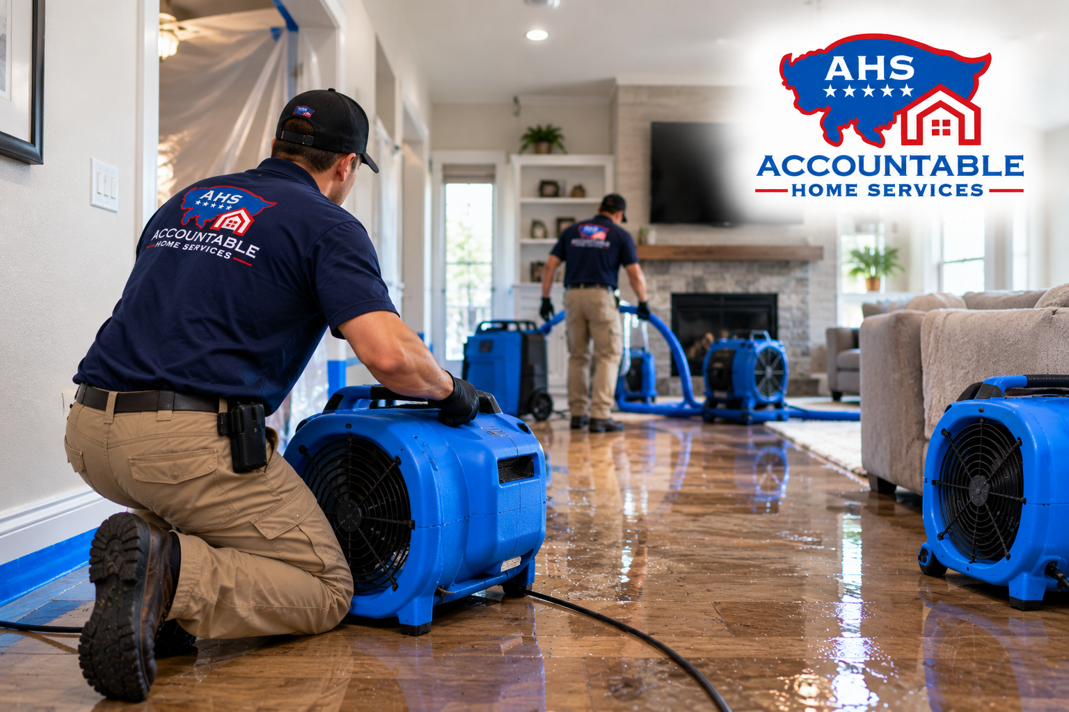 AHS technician inspecting and drying water damage in a Greenwood Village, Colorado home