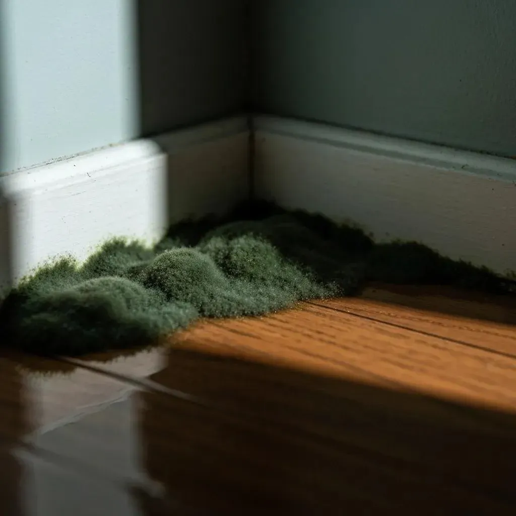 Dark green fluff on wooden floor, near white baseboard and blue-gray wall. Sunlight.