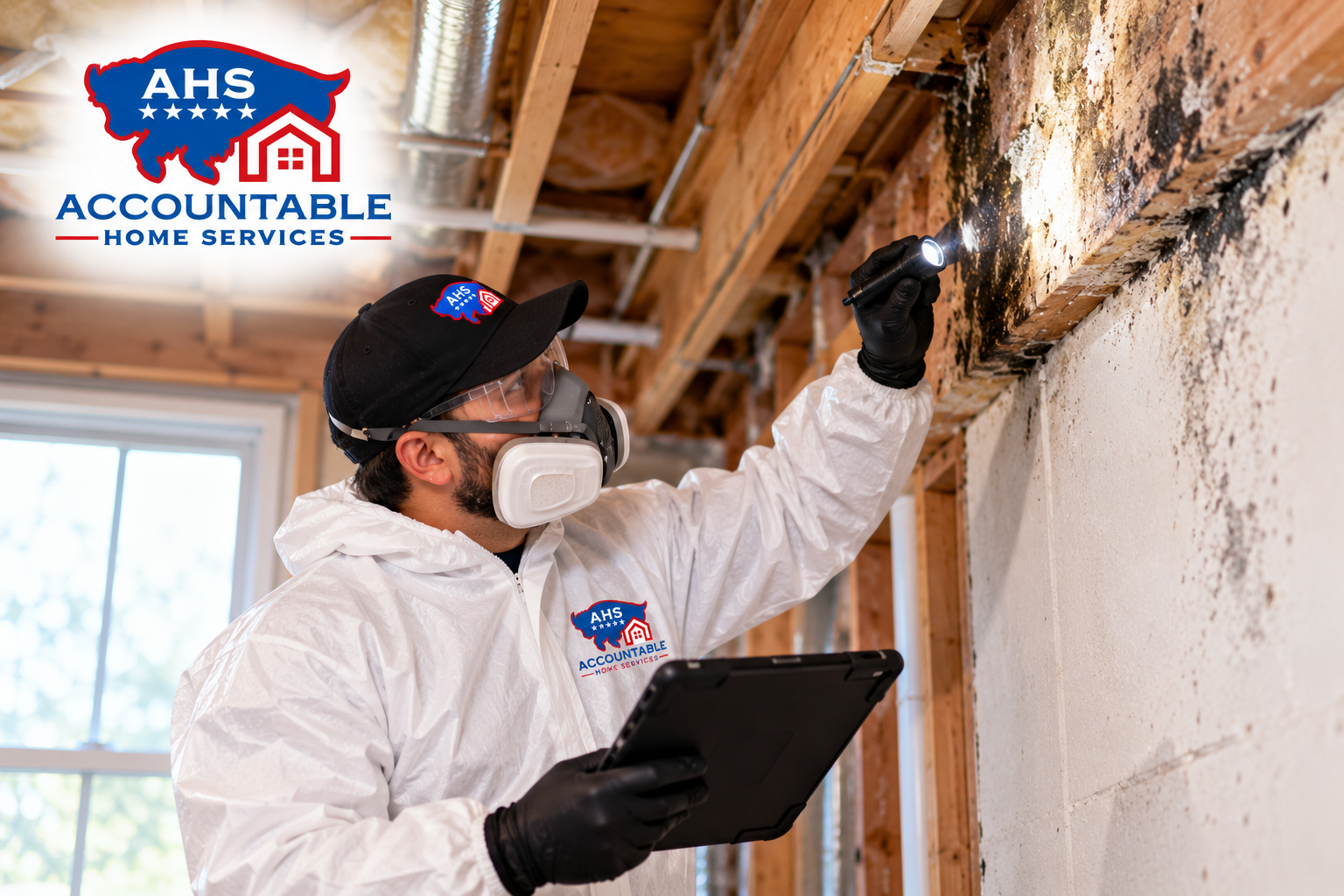 AHS technician evaluating mold damage during a professional mold assessment in a Broomfield, CO