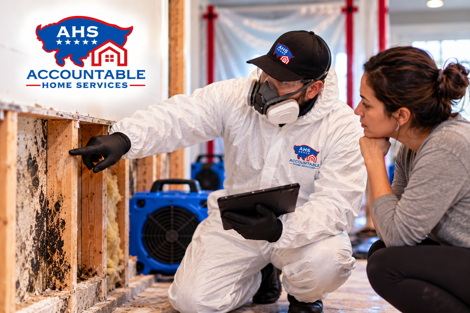 AHS technician assessing mold damage before remediation in an Aurora, Colorado home