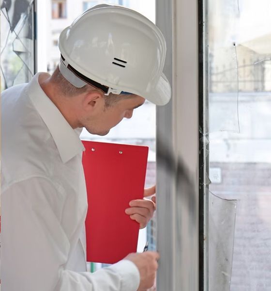 A man wearing a hard hat is holding a red clipboard