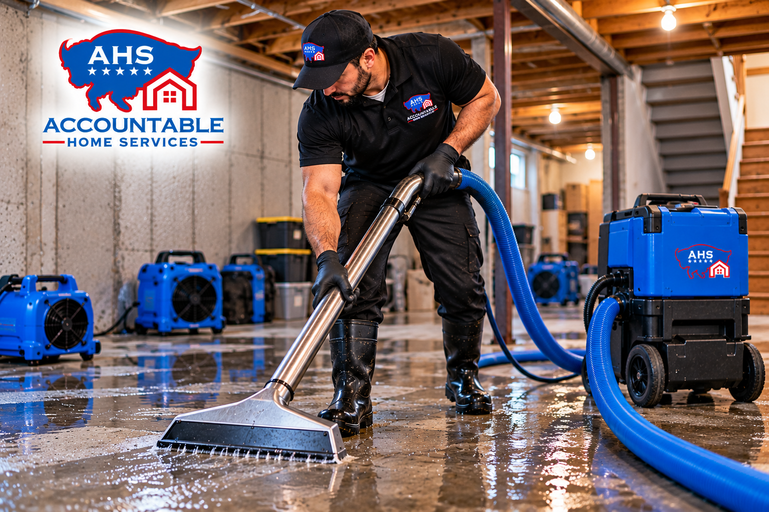 AHS technician performing basement flood cleanup and water extraction in a Commerce City, Colorado h