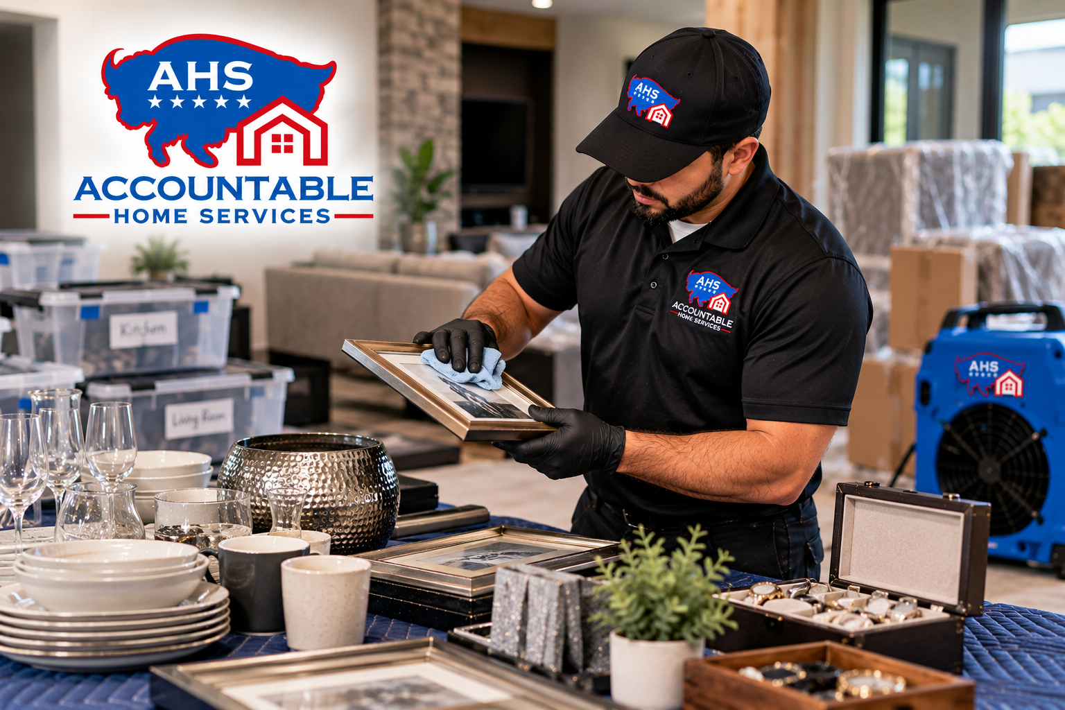 AHS technician documenting and packing household contents for restoration in a Denver, Colorado home