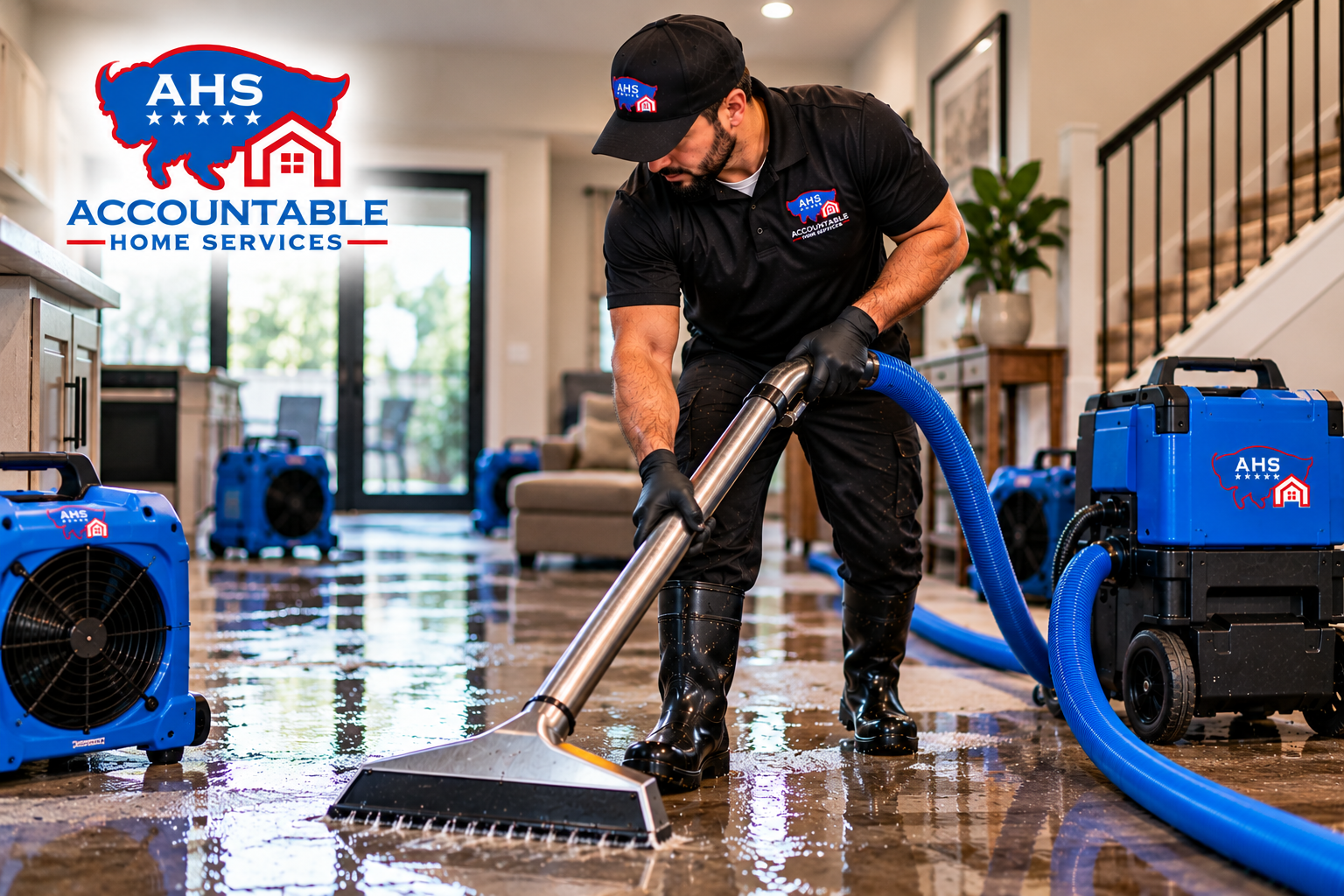 AHS technician performing emergency water removal in a Westminster, Colorado home