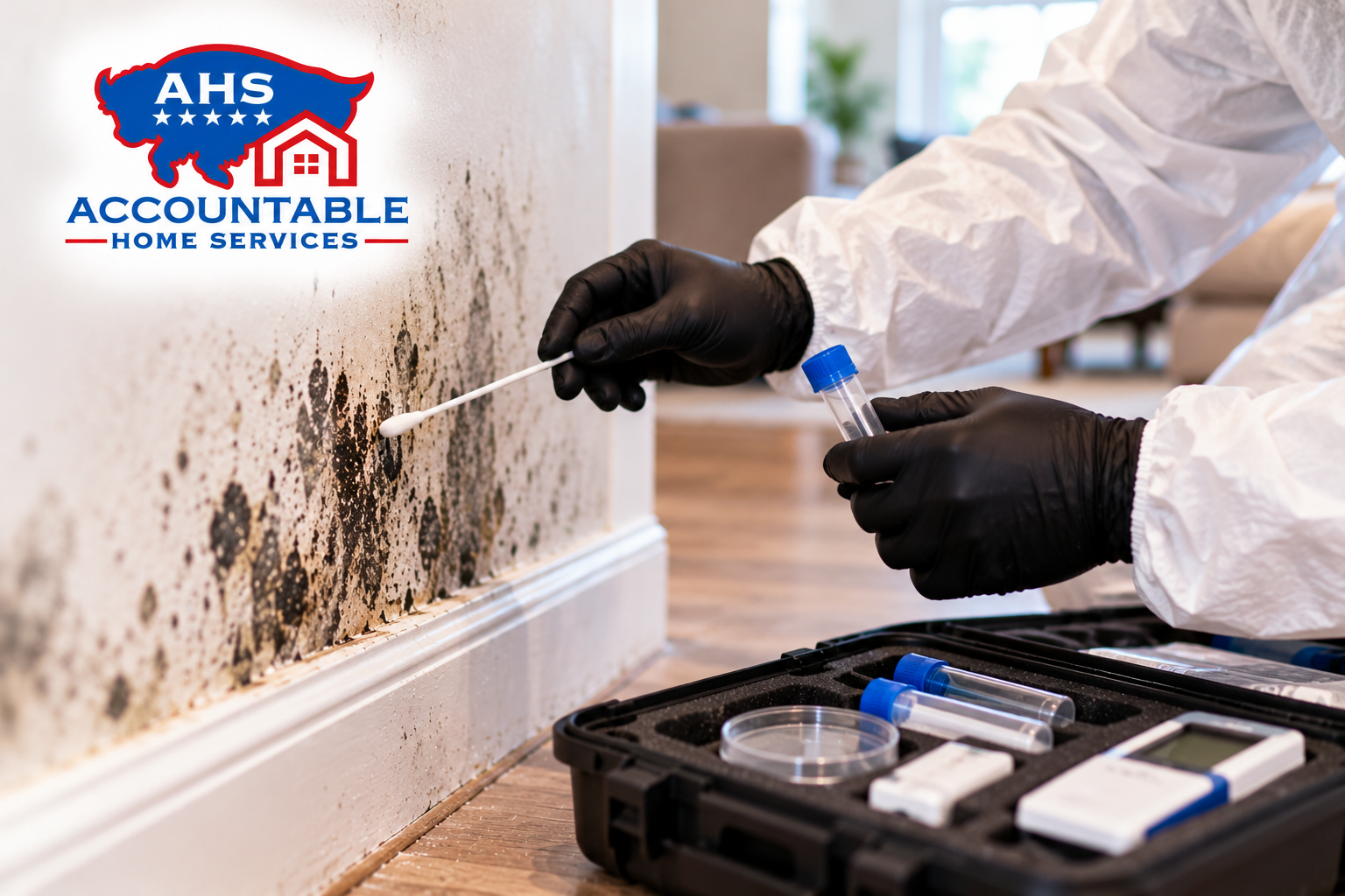 AHS technician comparing a mold test sample with professional inspection equipment in a Highlands Ra