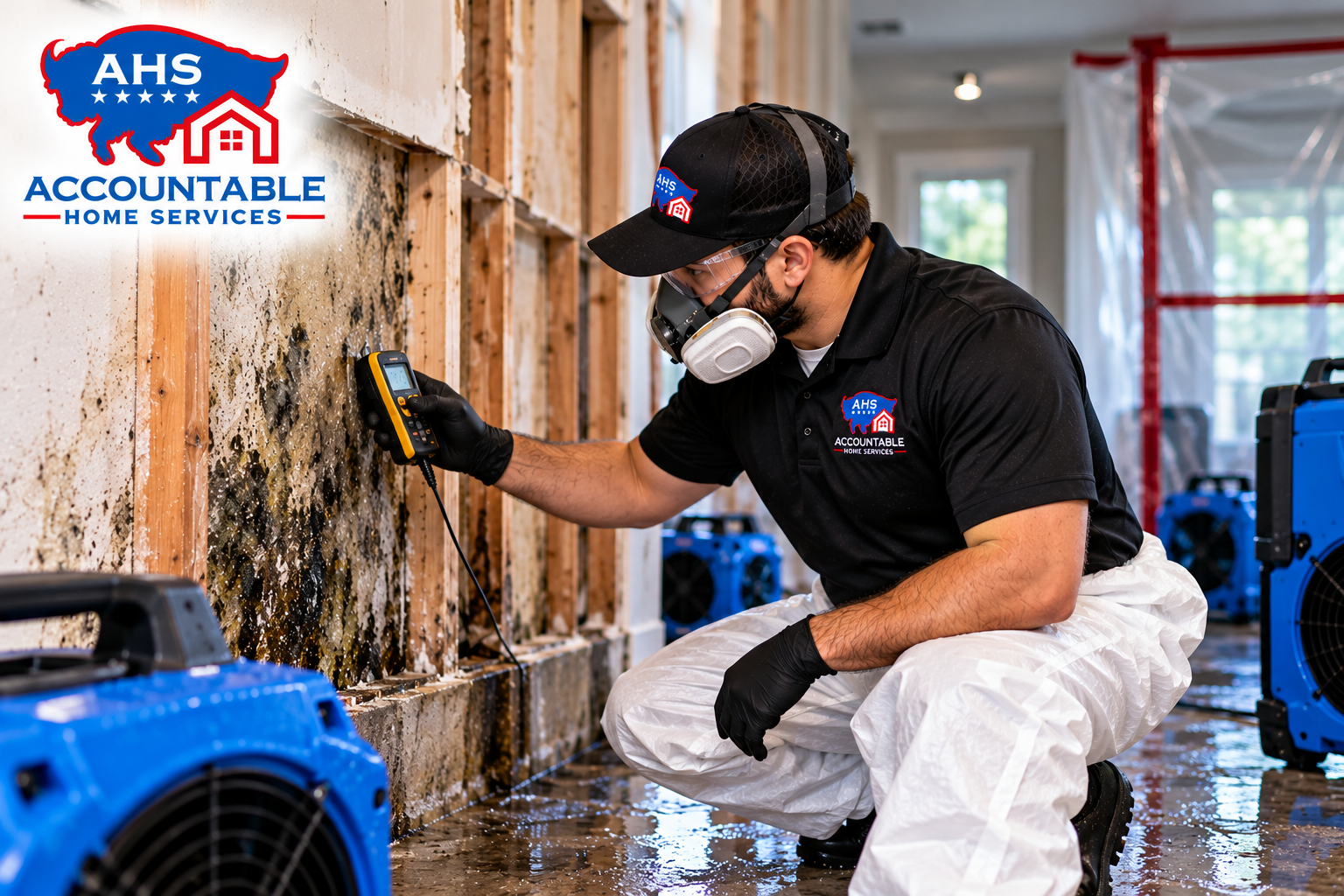 AHS technician inspecting mold growth caused by water damage in an Erie, Colorado home