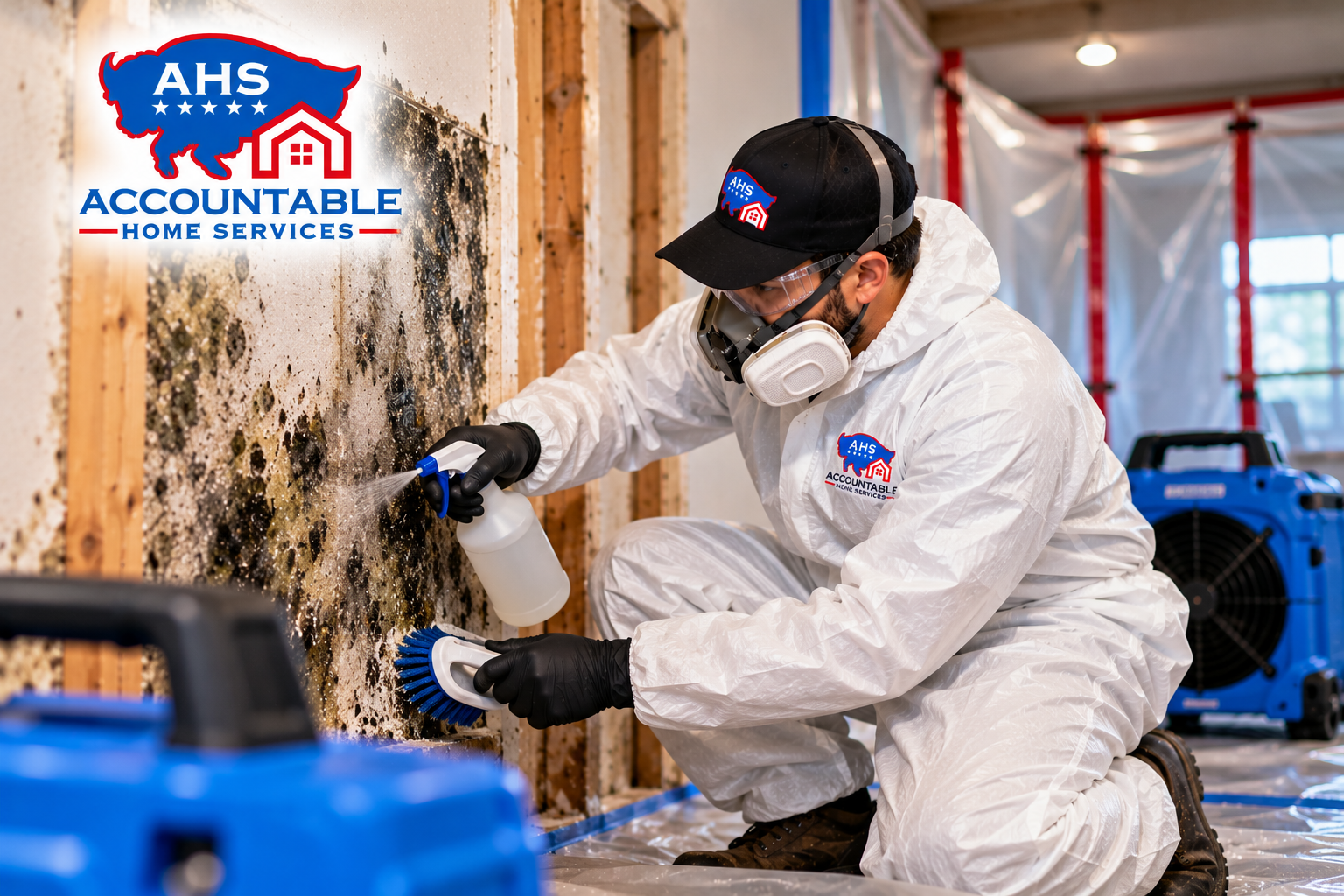 AHS technician performing black mold remediation in a Louisville, Colorado home