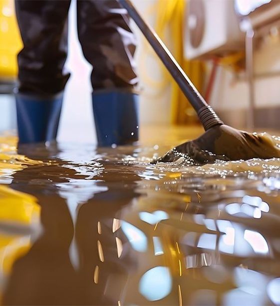 Person in rubber boots mopping up floodwater inside a building.