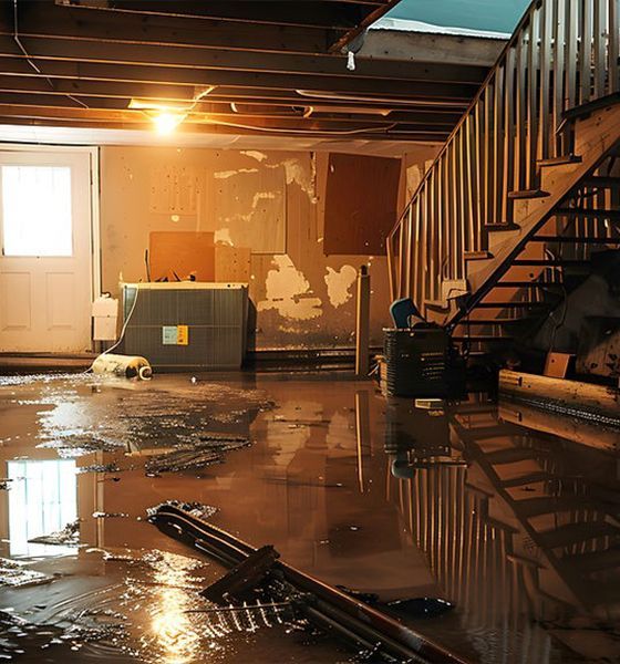 A flooded basement with stairs and a lot of water on the floor.