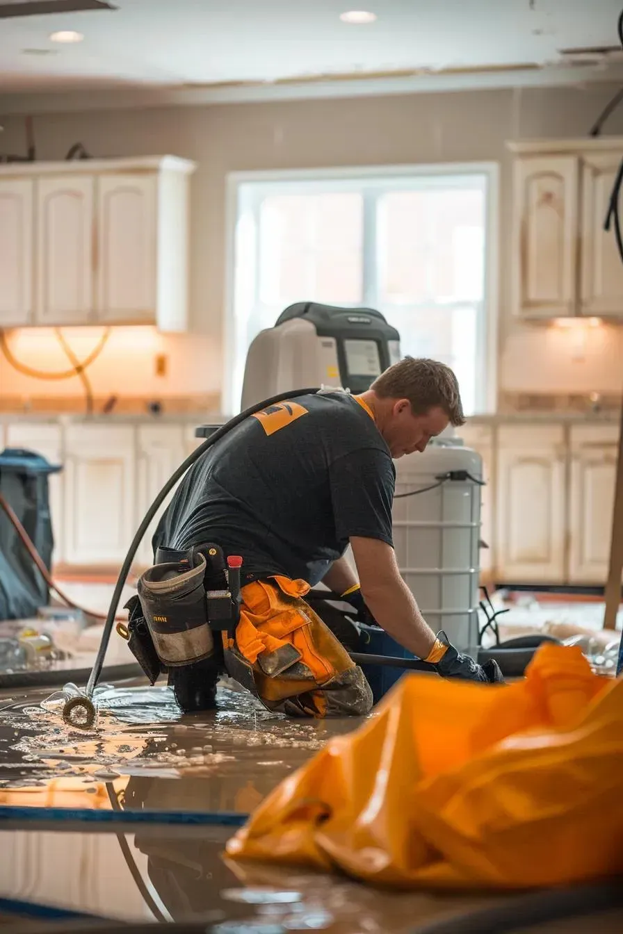 Man in work clothes working on water damage in a kitchen, using equipment.