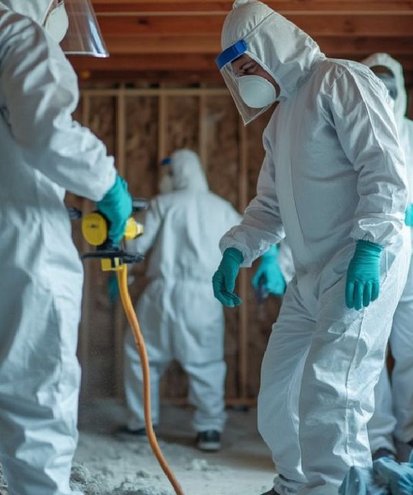 People in white protective suits and face shields working in a building with exposed wood framing.