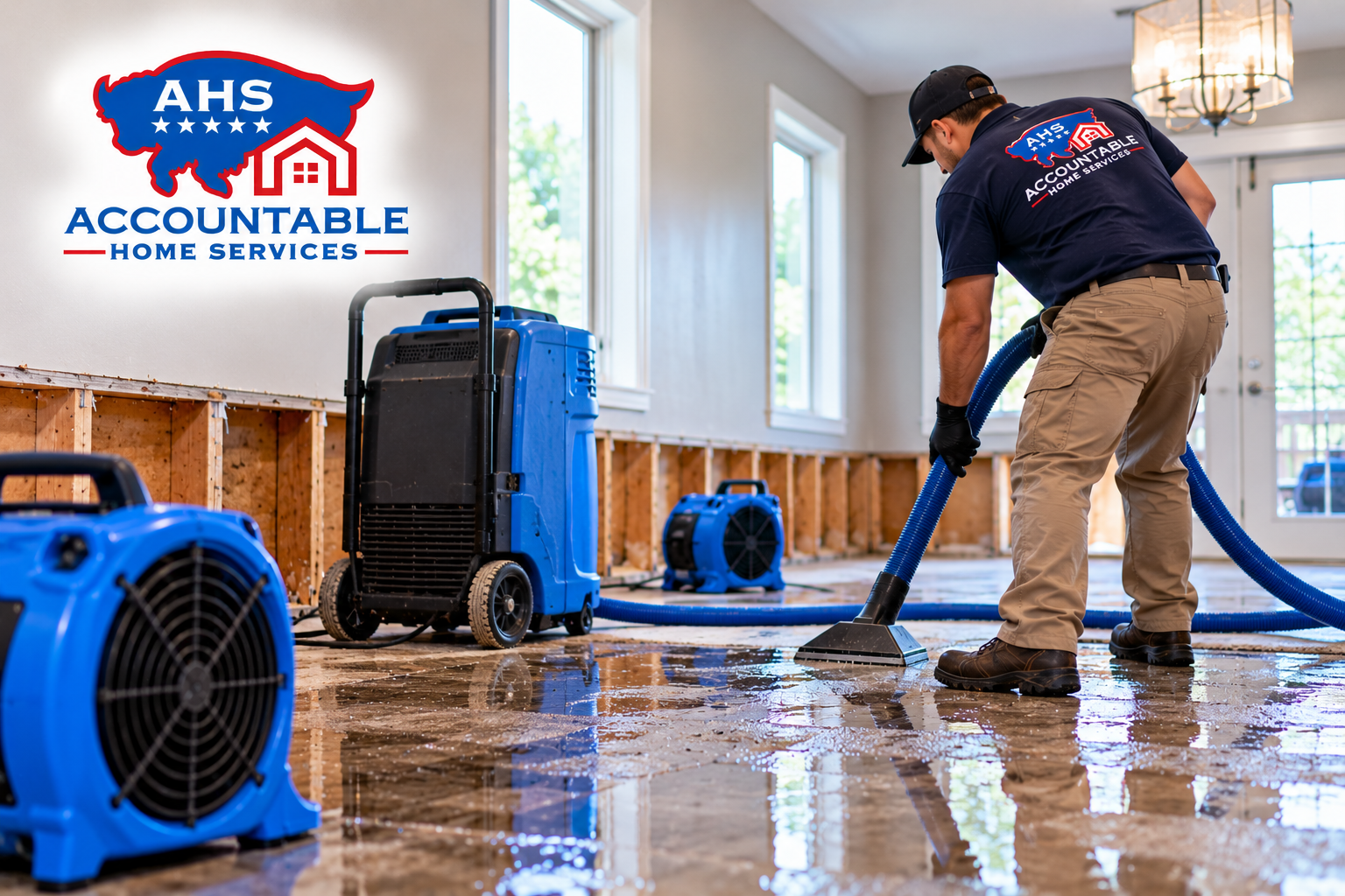 AHS technician performing water mitigation and moisture monitoring in a Littleton, Colorado home