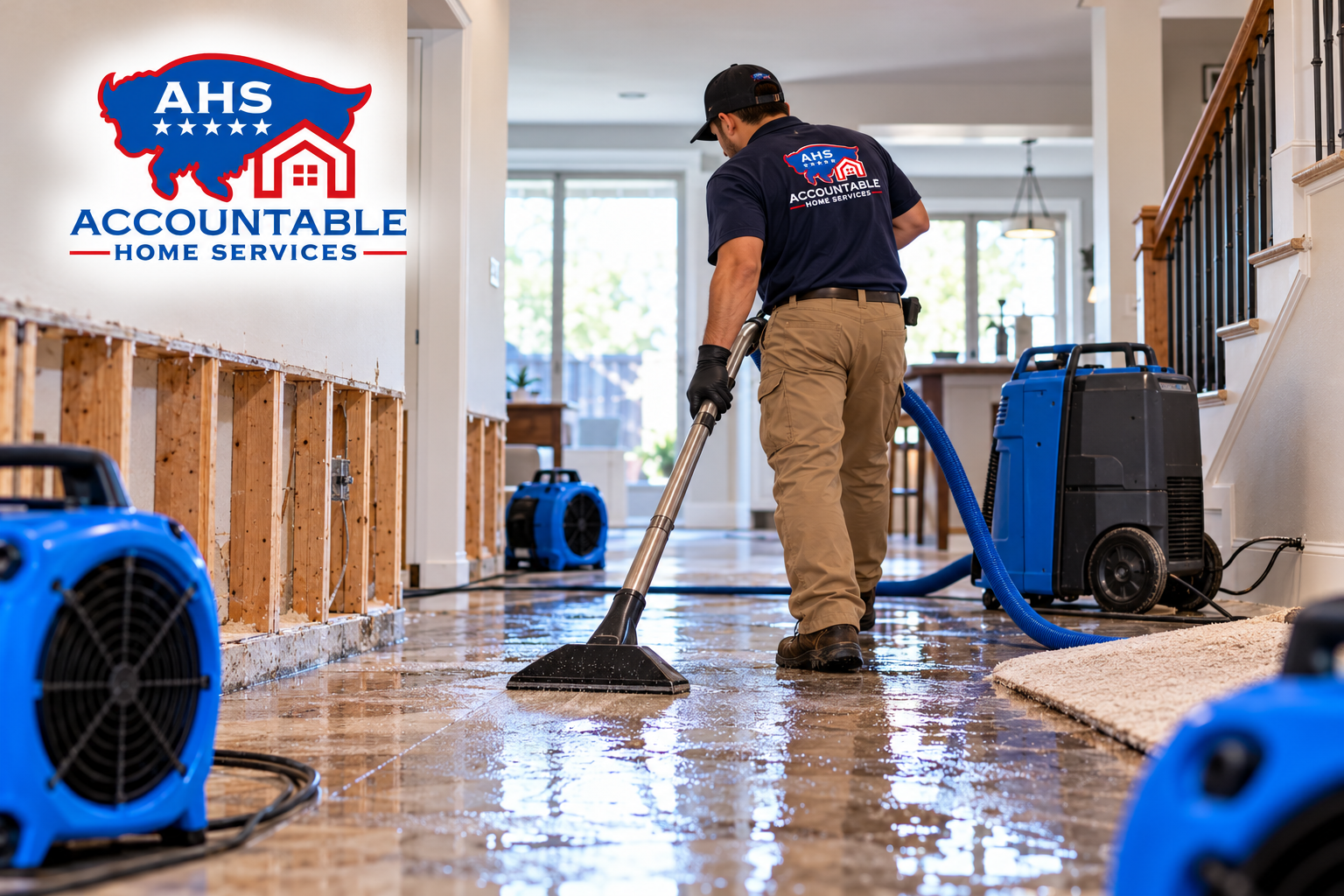 AHS technician inspecting and drying water damage during the restoration process in an Arvada, Color