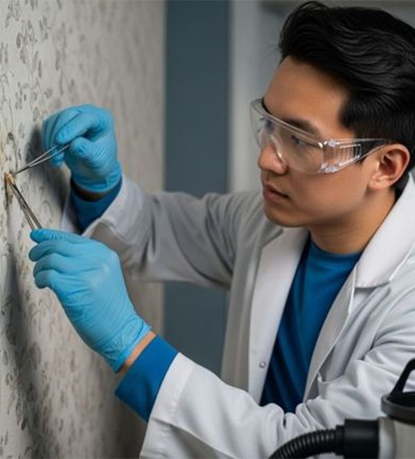 Person in lab coat and safety glasses uses tweezers to examine something on a wall.