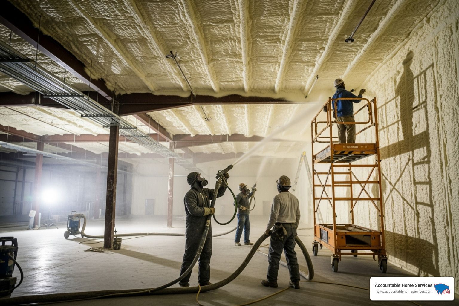 Workers spraying insulation inside a building. Ceiling and walls covered in foam; men wear protective gear.