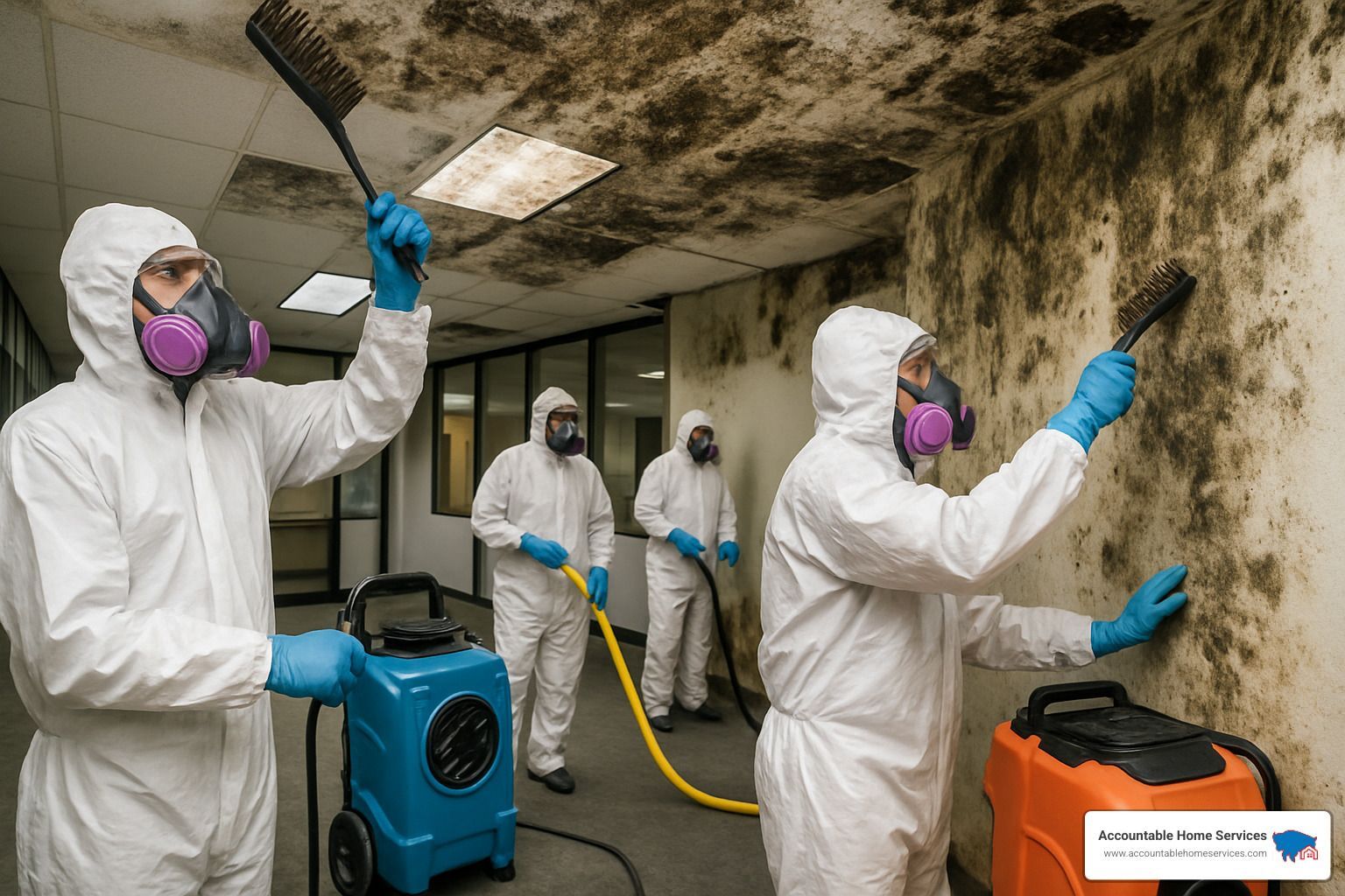 Mold remediation workers in protective suits scrub mold off walls and ceiling.