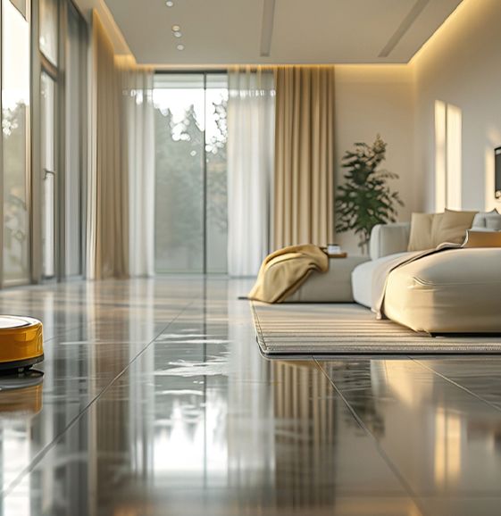 A robotic vacuum cleans a shiny, reflective floor in a bright, modern living room.